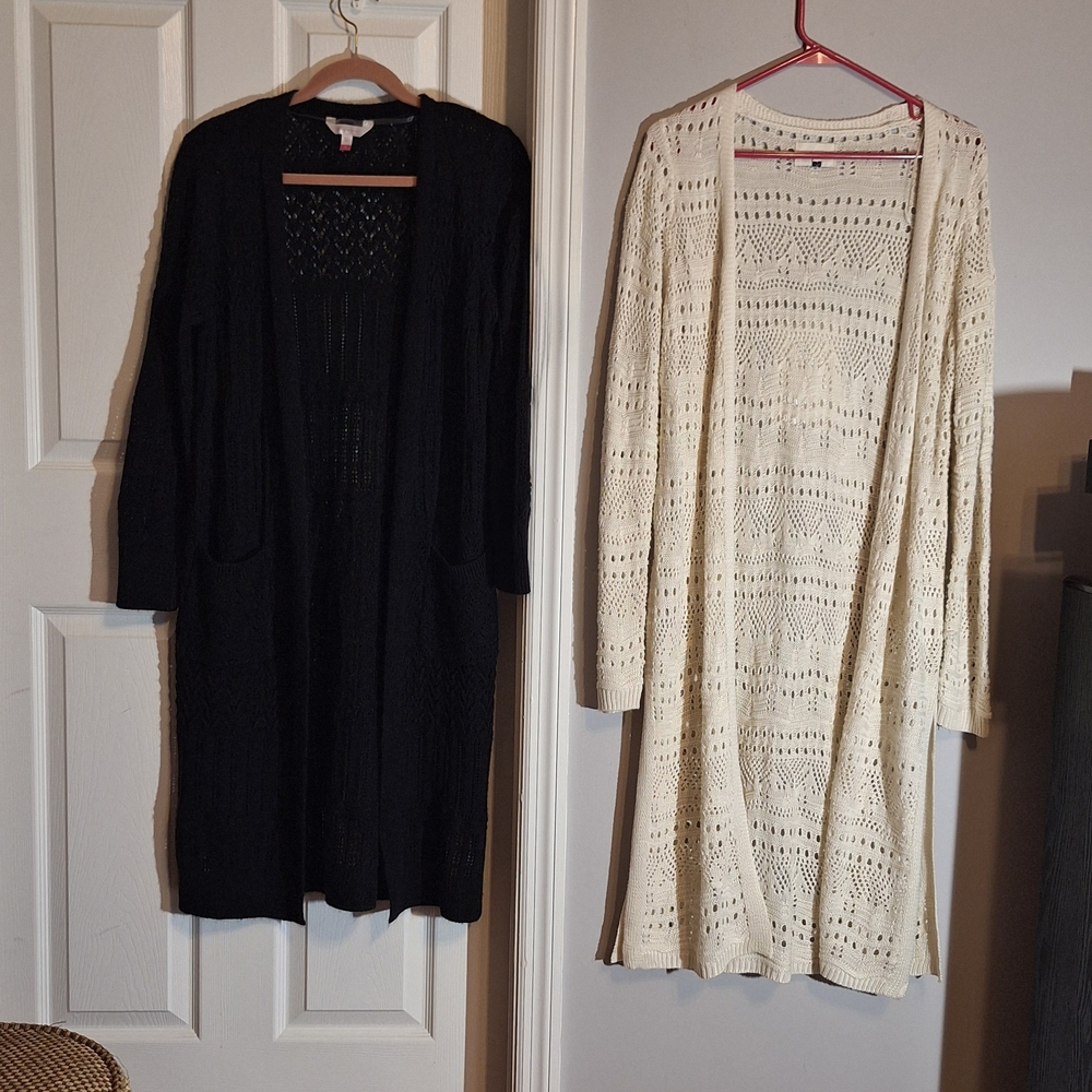 2 Elegant Knit Women's Sweater Cardigan Dusters - 1 Black & 1 Cream